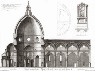 Florens, Italien. Duomo och katedralen Santa Maria del Fiore. Tvärsnitt av katedralen. Efter en gravyr från 1800-talet (gravyr)
