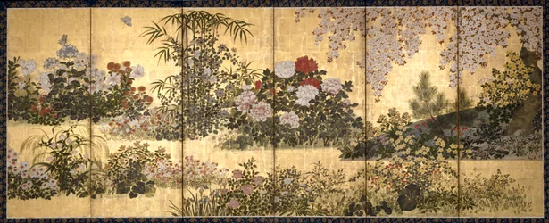 Blommor och fjärilar (bläck, färg och bladguld på papper)