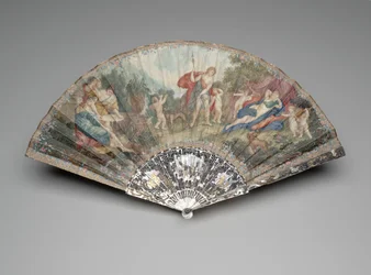 Vikbar fläkt med "Adonis Leded by Cupids to Venus", efter Francesco Albani, fäste c.1720-1730-tal, vakter och pinnar c.1740-1750-tal (gouache & akvarell på dubbelt velängblad, pärlemor, förgyllning & klistrade pärla )