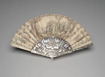 Vikbar solfläkt med Jacob möter Rachel vid brunnen, ca 1760-70-tal (gouache och akvarell på enstaka pergamentblad, pärlemor, förgyllning och klistra ädelstenar)