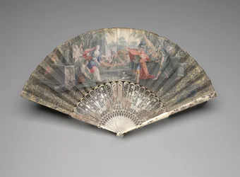 Fällbar fläkt med Jefta som möter sin dotter, ca 1740-50-talet