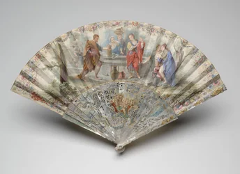 Fällbar fläkt med Rebecca och Eliezer vid brunnen, ca 1740-talet