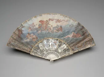 Vikbar fläkt med "The Setting of the Sun", efter François Boucher, efter 1753 (gouache & w/c på enstaka velängblad, elfenben, förgyllning, gouache, pärlemor och ädelstenar)