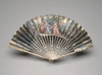 Vikbar solfjäder med ett klassiskt ämne, möjligen en allegori om äktenskap, ca 1750-60-tal (gouache på enstaka velängblad, elfenben, förgyllning, gouache och mässing)