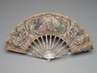 Fällbar fläkt med uppvaktningsscen och musiktroféer, ca 1770-80-tal
