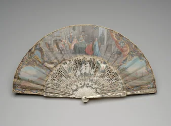 Hopfällbar fläkt med en scen av kortspelare i en fashionabel interiör, ca 1740-50-tal (gouache och akvarell på enstaka velängblad, elfenben eller ben, förgyllning, gouache, siden och mässing)