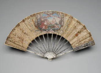Vikbar fläkt med Venus födelse, ca 1770-80-talet (gouache på enstaka sidenblad, halm, mässing, metalltråd, ben, förgyllning, pärlemor och ädelstenar)