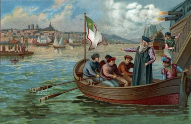 Tidigare köpcentra: Vasco de Gama (1469-1524), portugisisk navigatör, återvände till Porto, Portugal. Kromolitografi från slutet av 1800-talet
