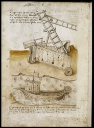 Fortress Approach and Ship - Manuskript: pergamentark av en ingenjörsmanual för konstruktion av civila, religiösa och militära byggnader, anonym, sent 1400-tal (figur med kinesiskt bläck)