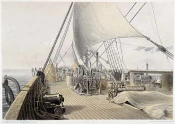 Framdäck klarat för det sista attemet vid grappling, 11 augusti 1858 - i "The Atlantic telegraph" av W. H. Russel, ca. 1860