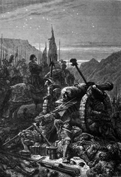 Francois I (1494 - 1547) låg kvar i sadeln natten före slaget vid Marignan, september 1515. Gravyr från 1800-talet.