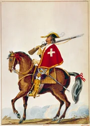 Fransk Armee: De Valmont, musketör för kardinal Richelieus vakt. Gravyr från 1600-talet. Paris, B N
