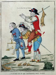 Franska revolutionen: "Jag visste att jag skulle ha vår tur"". Tecknad serie som visar den tredje staten (tredje staten) på baksidan av de två orden (präster och adel). Gravyr från 1700-talet. Paris, Musée Carnavalet
