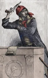 Franska revolutionen: Porträtt av Jean Paul Marat (1743-1793), Montagnard-deputerad vid konventet, grenar en pistol vid podiet -