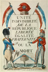 Franska revolutionen: „Republikens enhet och odelbarhet. Frihet, jämlikhet, broderskap eller döden“. Propagandaaffisch med sansculotter och kokard. Tryck från 1794, Paris, Musée Carnavalet