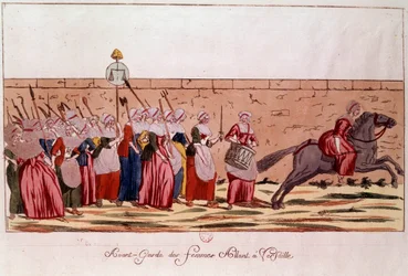 Franska revolutionen 1789: avantgarde des femmes på väg till Versailles den 5 oktober 1789. Gravyr från 1700-talet. Paris, B.N.