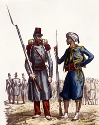 Fransk militäruniform: Till vänster bildades en främmande legion som skickades till Algeriet 1831. Till höger inhemska ryttare, tränade och skickade till Algeriet 1841. I L
