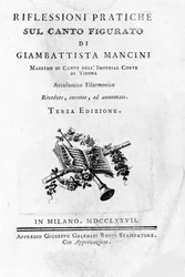Frontispice de “” Tankar och praktiska reflektioner kring figurativ sång ”” ”av den italienske sångteoretikern och kastraten Giovanni Battista Mancini (1716 - 1800). 1777.