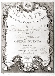 Frontispice av 12 sonater för violin, bas och cembalo av Arcangelo Corelli (1653 - 1713). Fransk version.