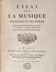 Frontispice av ""Essay on ancient and modern music"" av Jean Benjamin de Laborde (Jean-Benjamin de La Borde) (1734-1794) 1780 Bologna, civico museo musicale