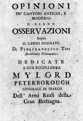 Frontispice av "" Åsikter från antika och moderna sångare observera observationer om figurativ sång "" av Pier Francesco Tosi (1653 - 1732), italiensk kastrat, kompositör och teoretiker. 1723