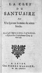 Frontispice av "Nyckeln till helgedomen"" av Baruch Spinoza (1632-1677), holländsk filosof även känd som Bento de Espinosa eller Benedictus de Spinoza eller Benoit de Spinoza. 1678