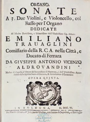 Frontispice av partitur av "" Sonat för 2 violiner, cello och orgel, op. 5 ”” av Giuseppe Aldrovandini