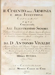 Frontispice av musikpartitur av violin i konsert V i The trial of harmony and uppfinning av den italienske kompositören Antonio Vivaldi