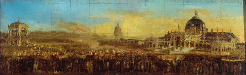 Firande den 10 maj 1852 på Champ-de-Mars; Prins-Presidentens avfärd efter välsignelsen av flaggorna. Nuvarande 7:e arrondissementet, Paris, mellan 1847 och 1857 (olja på duk)