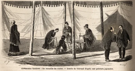 Begravningsceremonier: efter förbränning, insamling av lämningar. Gravyr för att illustrera resan till Japan 1863-1864, av Aime Humbert, minister för Schweiziska edsförbundet, i "Le tour du monde, nouveau journal des voyages", publicerad under ledning