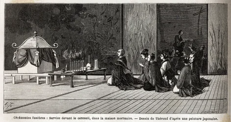 Begravningsceremonier: gudstjänst framför kistan, i bårhuset. Gravyr för att illustrera resan till Japan 1863-1864, av Aime Humbert, minister för Schweiziska edsförbundet, i "Le tour du monde, nouveau journal des voyages", publicera