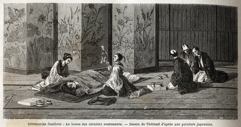 Begravningsceremonier: munken av de sista sakramenten. Gravyr för att illustrera resan till Japan 1863-1864, av Aime Humbert, minister för Schweiziska edsförbundet, i "Le tour du monde, nouveau journal des voyages", publicerad under ledning av Edouar