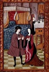 Galant möte i ett sovrum Förmodligen kärleken till Jean III de Brush och Louise de Laval. Miniatyr från manuskript ms. 1475