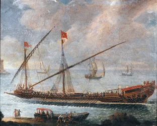 Galär som lämnar hamnen i Genua (målning