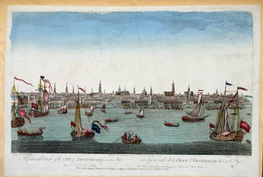 Allmän bild av Amsterdam tagen från havet 1700-talet (gravyr)