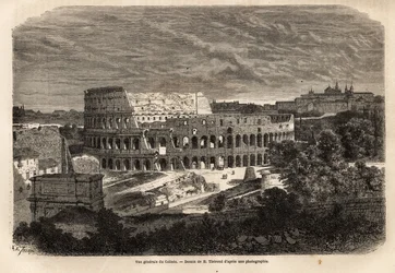 Allmän bild av Colisee, i Rom, Flavian amfiteater färdigställd år 80, under kejsar Titus regeringstid, med plats för upp till 75 000 människor, den förblev i tjänst fram till 600-talet, symbol för imperial Rom, belägen öster om Forum Romanum, den är