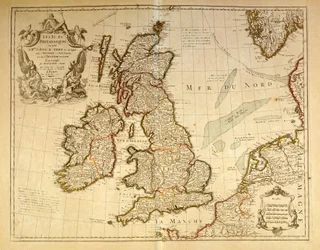 Geografisk karta som representerar England och Irland. Atlas av G. Delysle