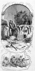 Gilles de Rais (Retz ou Rays) (1404-1440) i situation: trollkarlarna, för sina magiska operationer, köpte dödfödda barn (1400-talet) - gravyr, n.d.