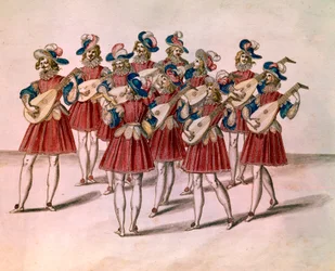 Grupp musiker som spelar lut. Akvarell och penna av Daniel Rabel (1578-1637) från albumet "Chateau de Bicetre" 1600-talets Paris, Louvren