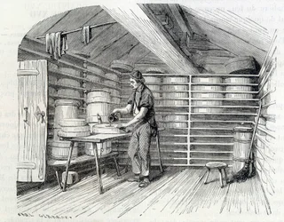 Gruyère ostbutik i en schweizisk chalet (tvättar skorpen) - i "" Industrins underverk"" av Louis Figuier