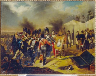 Napoleonkrigen, rysk kampanj (1812): Napoleon I:s kungliga garde beundrar porträttet av kejsarens son, Napoleon II hertig av Reichstadt och kung av Rom (1811-1832), med smeknamnet Aiglon - Kejsaren observerar scenen som står framför hans tält