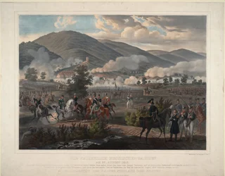 Napoleonkrigen: slaget vid Kulm (nu Chlumec) i Böhmen (Tjeckien) den 30/08/1813 - Ryska livgardets regemente i slaget vid Kulm den 29 augusti 1813 - Anonym - ca 1813 - Färglitografi - 59x75,6 -Privat samling