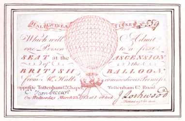 Halvguineabiljett för ballonguppstigning på Tottenham Court Road, London, 23 mars 1785