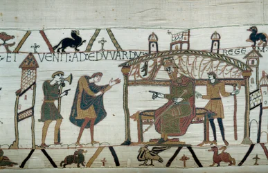 Harold, som återvände till England, efter sin ambassad hos hertigen Vilhelm Erövraren (1027-1087), reciterade sin resa till kung Edward Bekännaren. Detalj av Bayeux-tapet eller broderi av drottning Mathilde