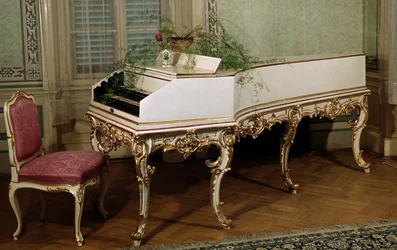 Cembalo av den österrikiska kompositören Wolfgang Amadeus Mozart (1756-1791) (cembalo av den österrikiska kompositören Mozart) Prag från 1700-talet, Mozarts museum
