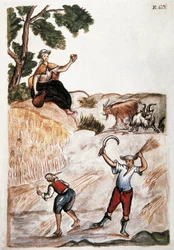 Skördar, indianer från Peru som arbetar på fälten. Akvarell av 1700-talets Madrid. Biblioteca del Palacio Real