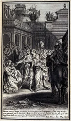 Hector, som kom till Troyes medan grekerna och trojanerna var i deras händer, drabbades av Andromaques smärta och av gråten från sin son, som han kysste ömt innan han återvände till striden. Illustration av bok VI av Iliaden av Homere, Fren