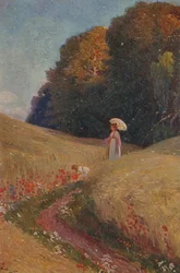 Historiskt gratulationskort efter en målning, mor och dotter som går på en blomsteräng