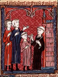 Den kanoniska lagens historia: "" Två föräldrar som tar sin son till ett kloster""" Miniatyr hämtad från "Decret de Gratien"" ("Concordia discordantium canonum" eller "Decretum Gratiani") från 1140 och reglerar lagarna och kanonerna i romersk-katolska kyrk