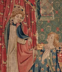 Historia om Saint Piat och Saint Eleuthère, Scen 11: Frestelserna av Saint Eleuthère (Tribundottern kommer att dö så att hon inte kan få den galna kärleken som helgonet kräver när hans mantel dras). Detalj.